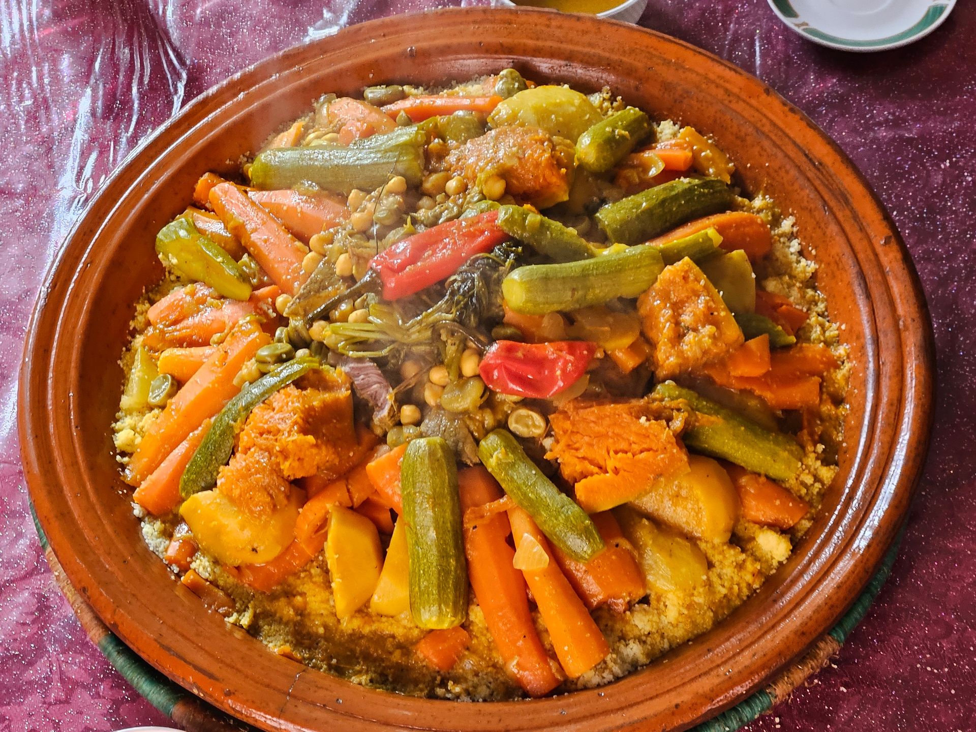 Colorful Moroccan vegetable tagine with carrots and zucchini.